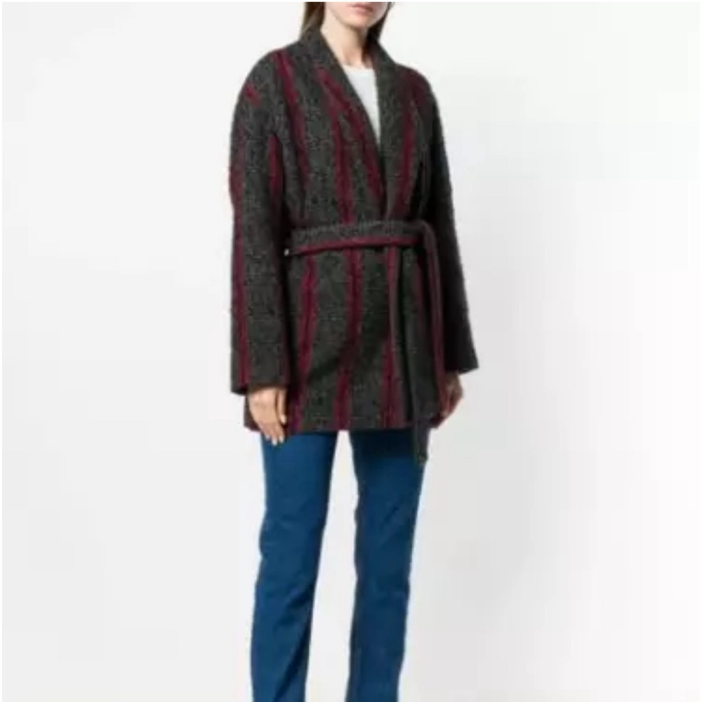 IRO‎ Circus Belted Striped Wool-blend Coat Black and Red Size 36 (4)